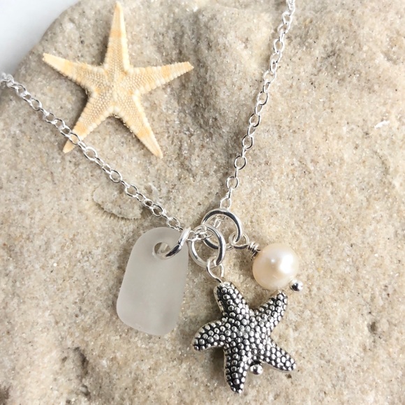 Hand Crafted Jewelry - Sea Glass, Starfish, and Pearl Charm Necklace
